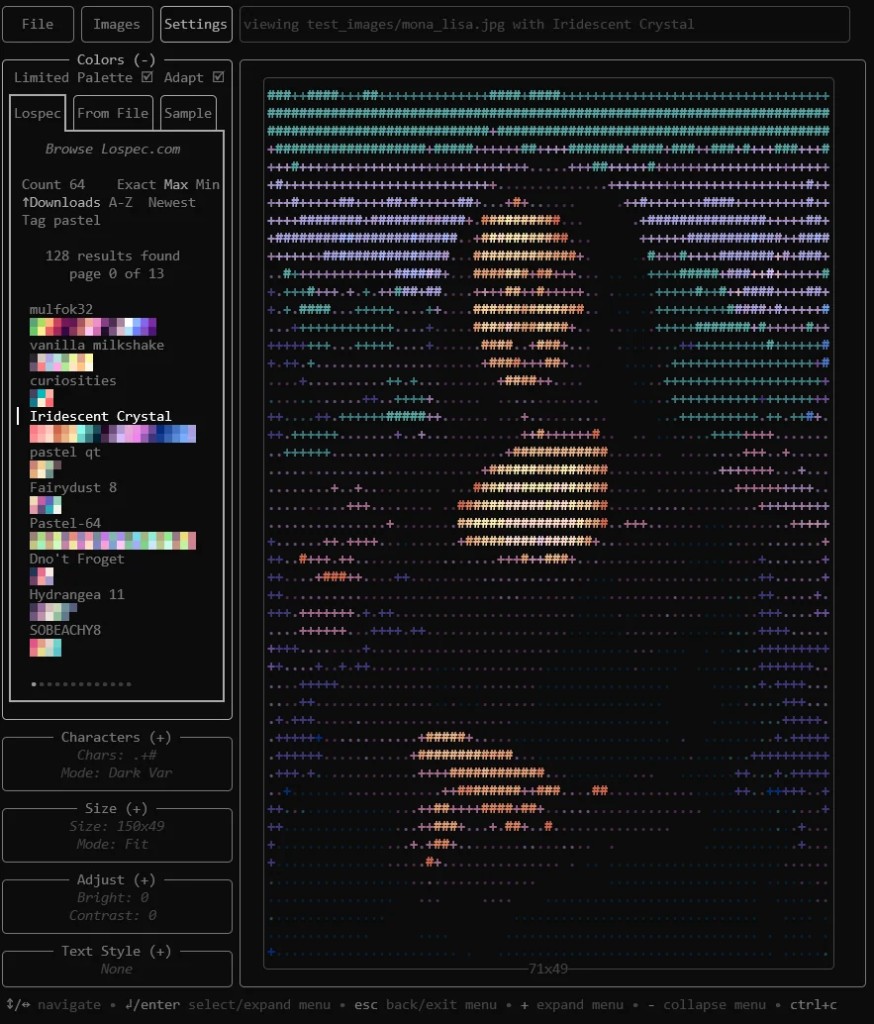 Ansizalizer TUI showing the Mona Lisa rendered in colorful ANSI characters using the Iridescent Crystal palette from Lospec, with side panels for colors, characters, size, and text style.