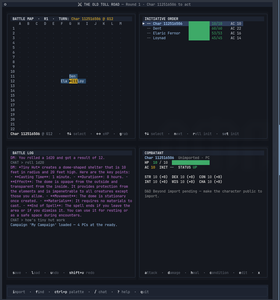 DMTui terminal combat tracker showing battle map grid, initiative order with HP bars, AI battle log answering Tiny Hut spell mechanics, and combatant detail card.